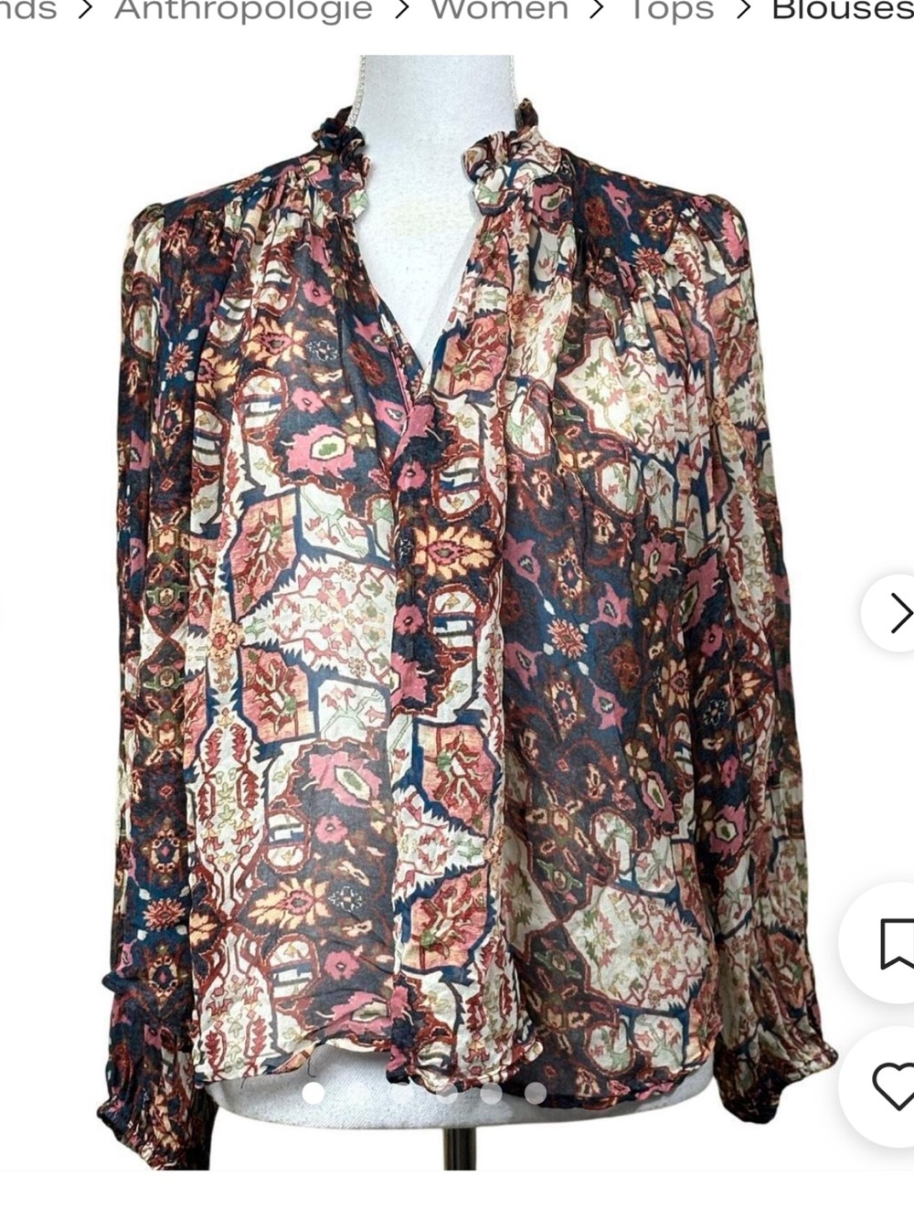 Anthropologie Estela Sheer Printed Blouse Medium Boho Rug Print Balloon Sleeve - Picture 7 of 16